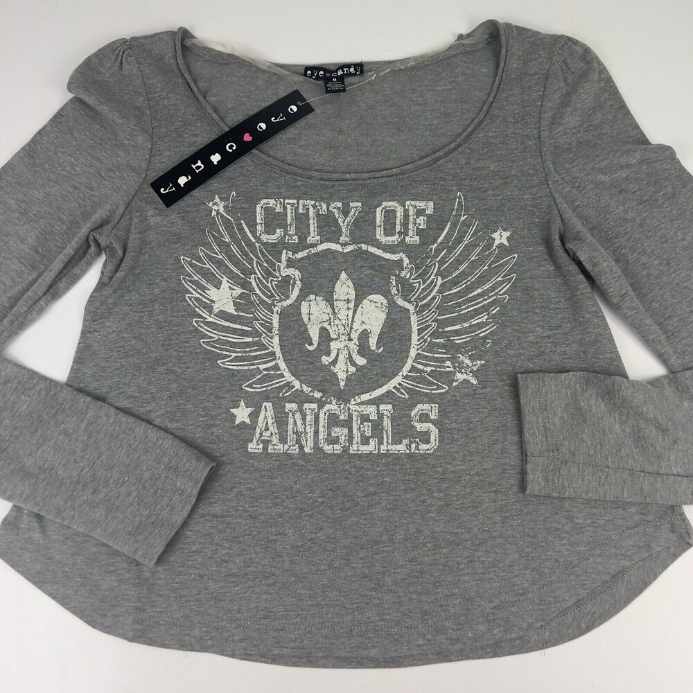 City Of Angels Cropped Tee Top Sz S Puff Shoulder Scoop Hemline Gray Los Angeles